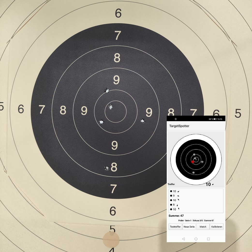 TargetSpotter app with virtual target, hit list and a total of 47